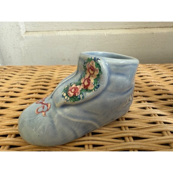 Vintage 50's Blue Shoe Pair Planter Vases Hand Painted Roses - Picture 10 of 13